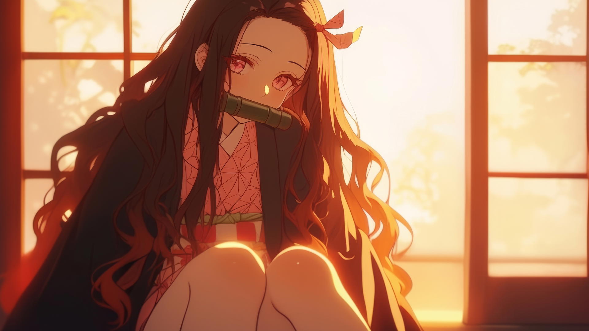 Demon Slayer wallpaper Nezuko sitting in sunny apartment with warm light