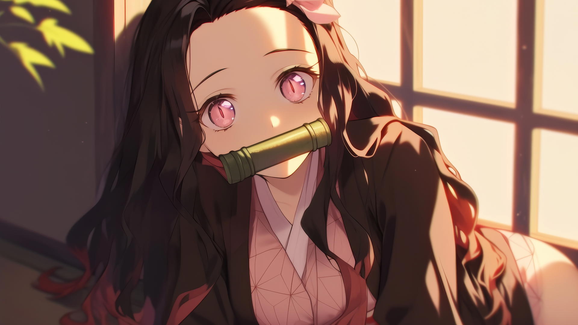 Demon Slayer wallpaper featuring Nezuko sitting in a sunny apartment with warm light