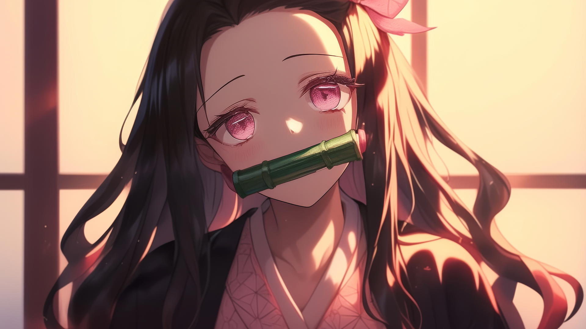 demon slayer wallpaper, demon slayer wallpaper nezuko, Nezuko sitting in sunny apartment, soft pale pink eyes.