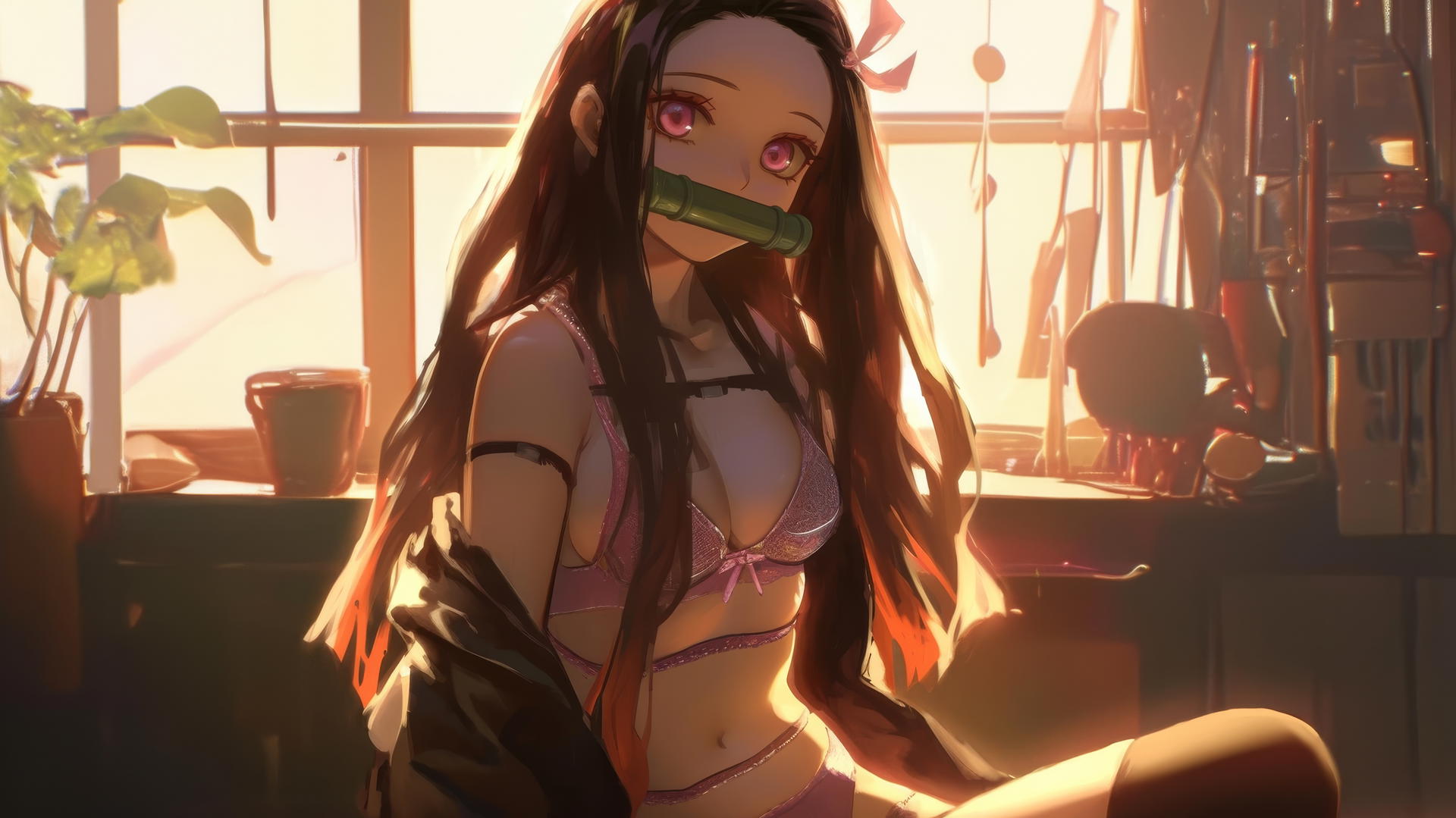 demon slayer wallpaper with nezuko sitting in a sunny apartment