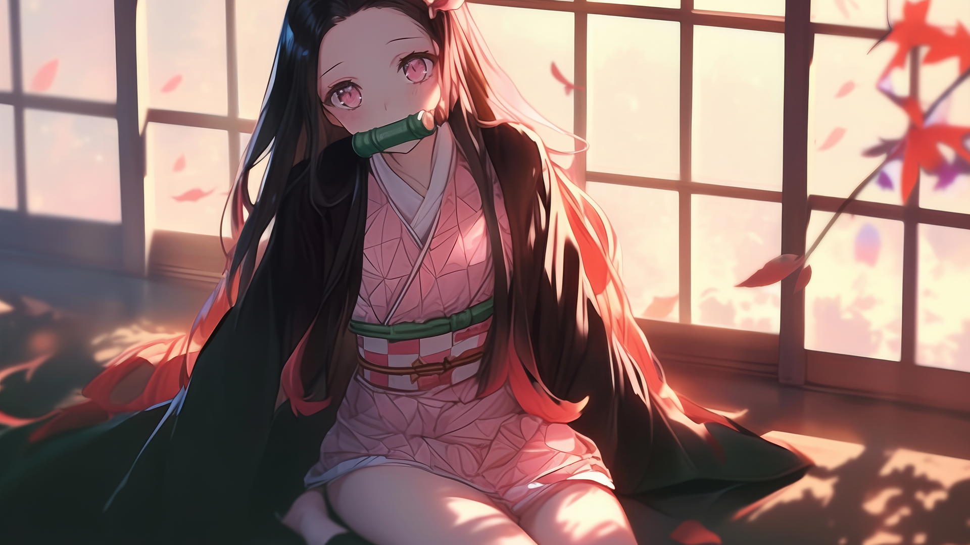 Nezuko from Demon Slayer sitting in a sunlit apartment