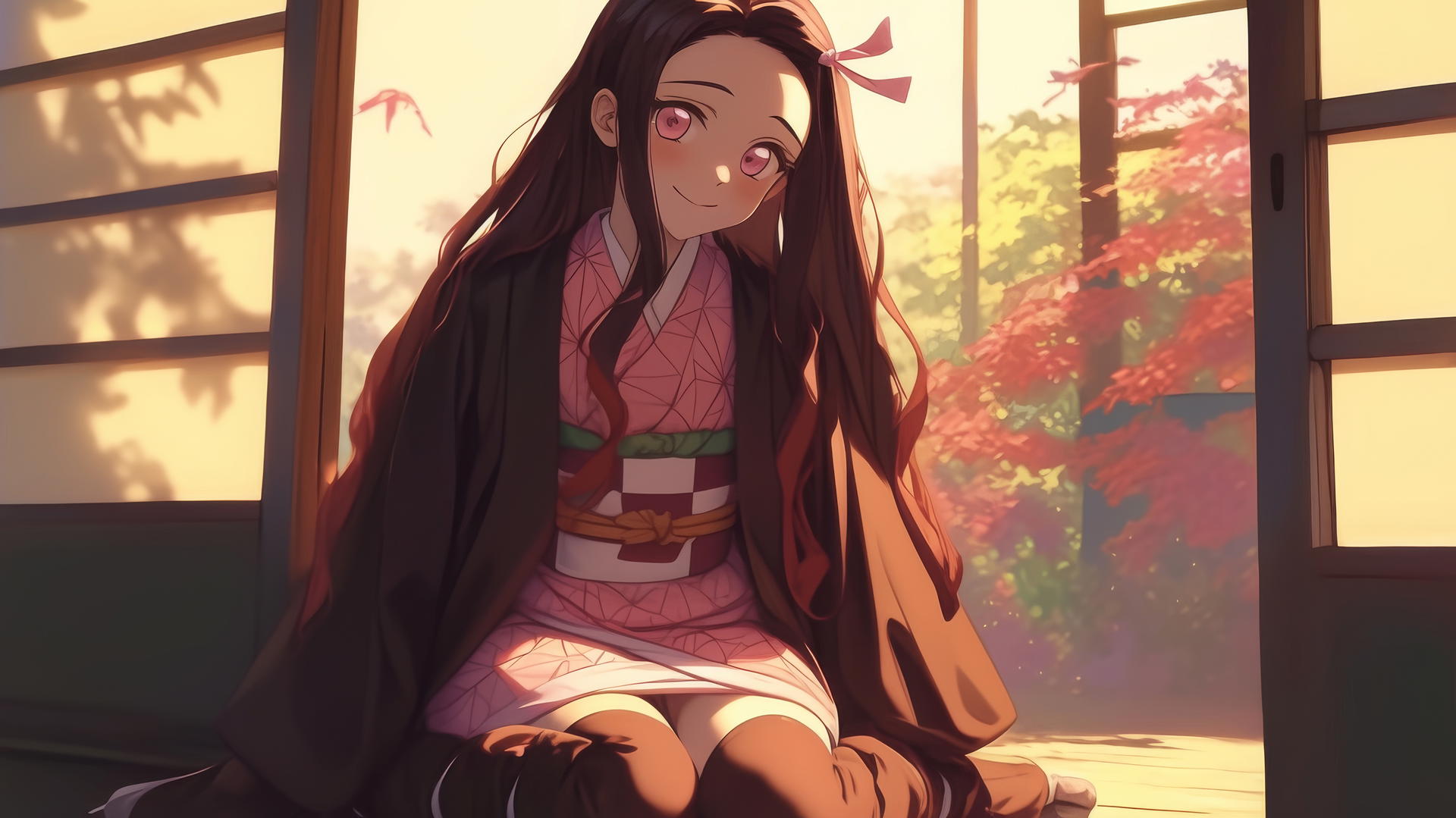 Nezuko from Demon Slayer in a sunny apartment, soft warm light