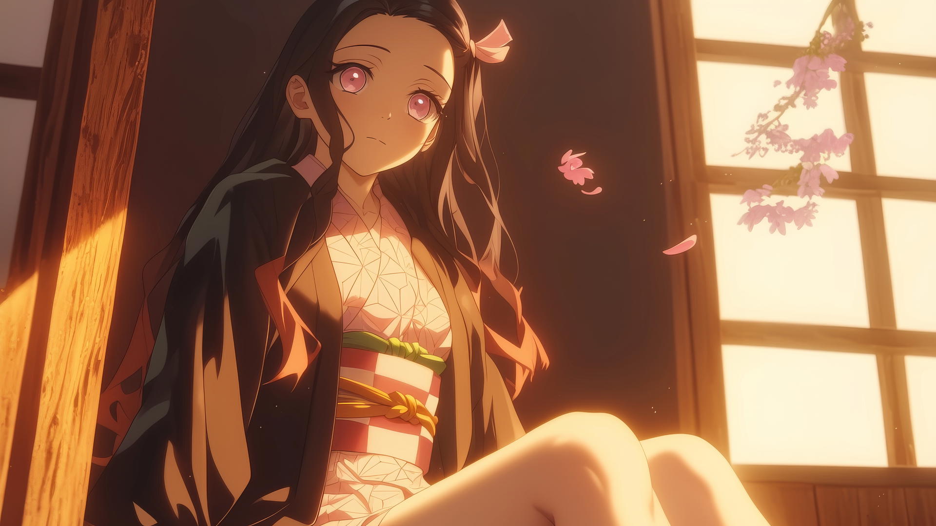 Nezuko from Demon Slayer sitting at sunny apartment, warm light, demon slayer wallpaper