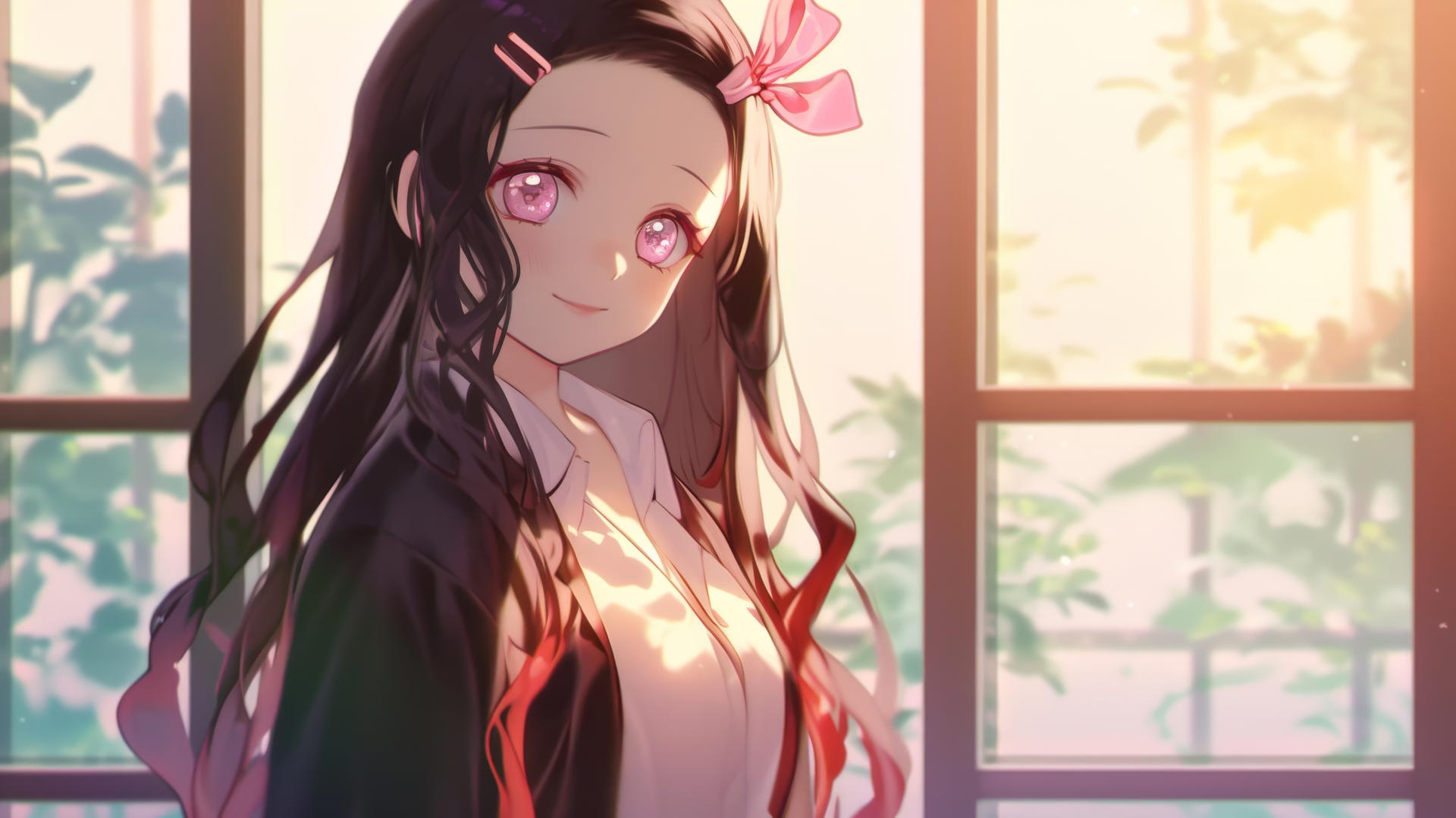 Nezuko from Demon Slayer standing in a modern apartment at sunrise
