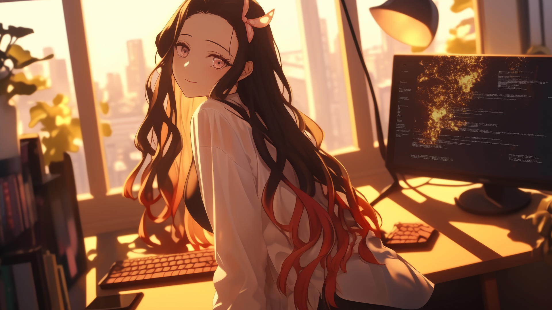 Demon Slayer wallpaper of Nezuko in office shirt at sunrise in a modern apartment
