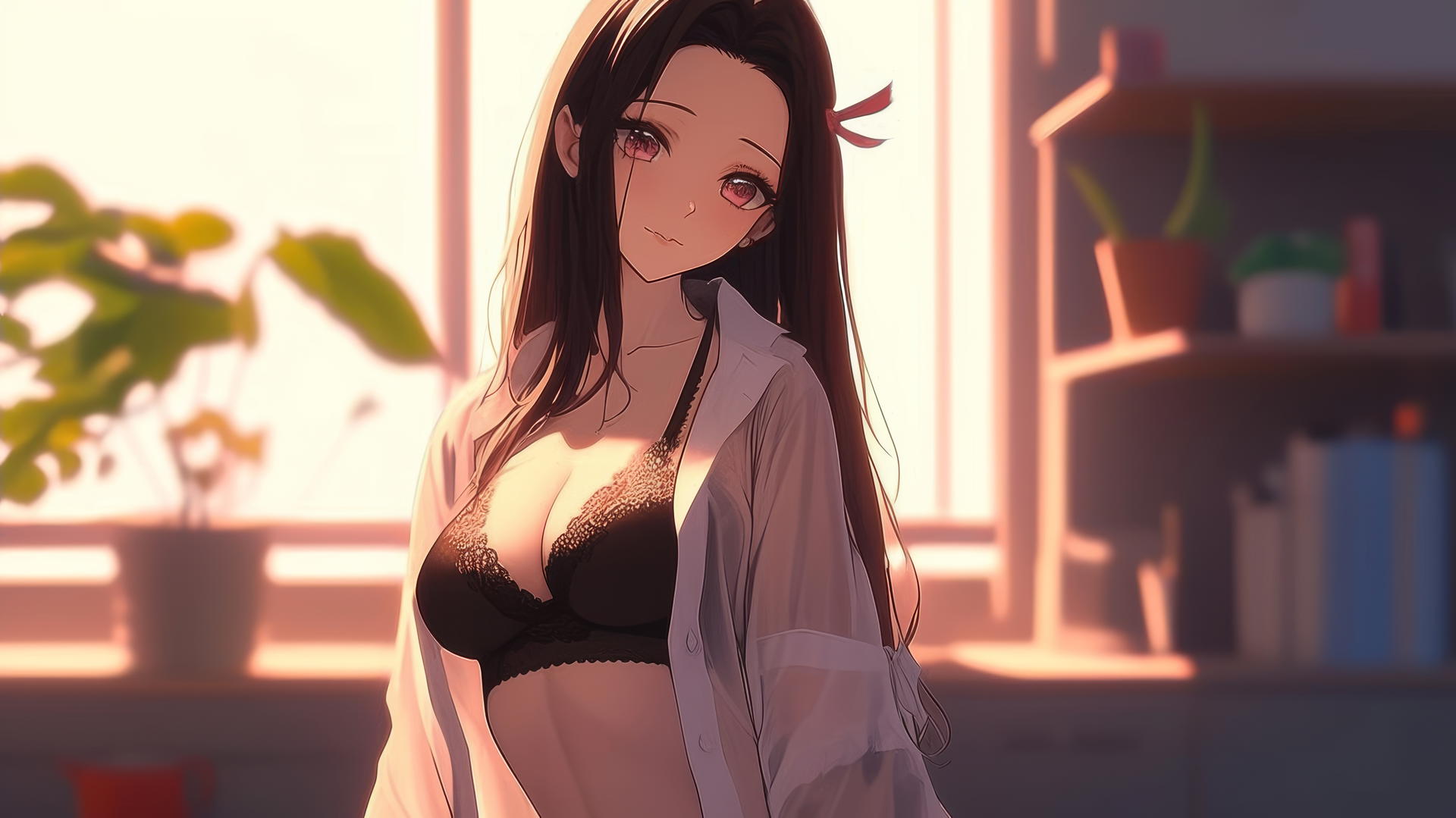 Nezuko from Demon Slayer in office shirt, standing at sunrise in modern apartment