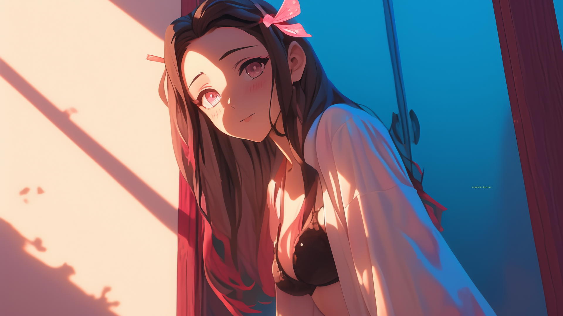 demon slayer wallpaper: Nezuko leisurely standing at sunrise in a modern apartment