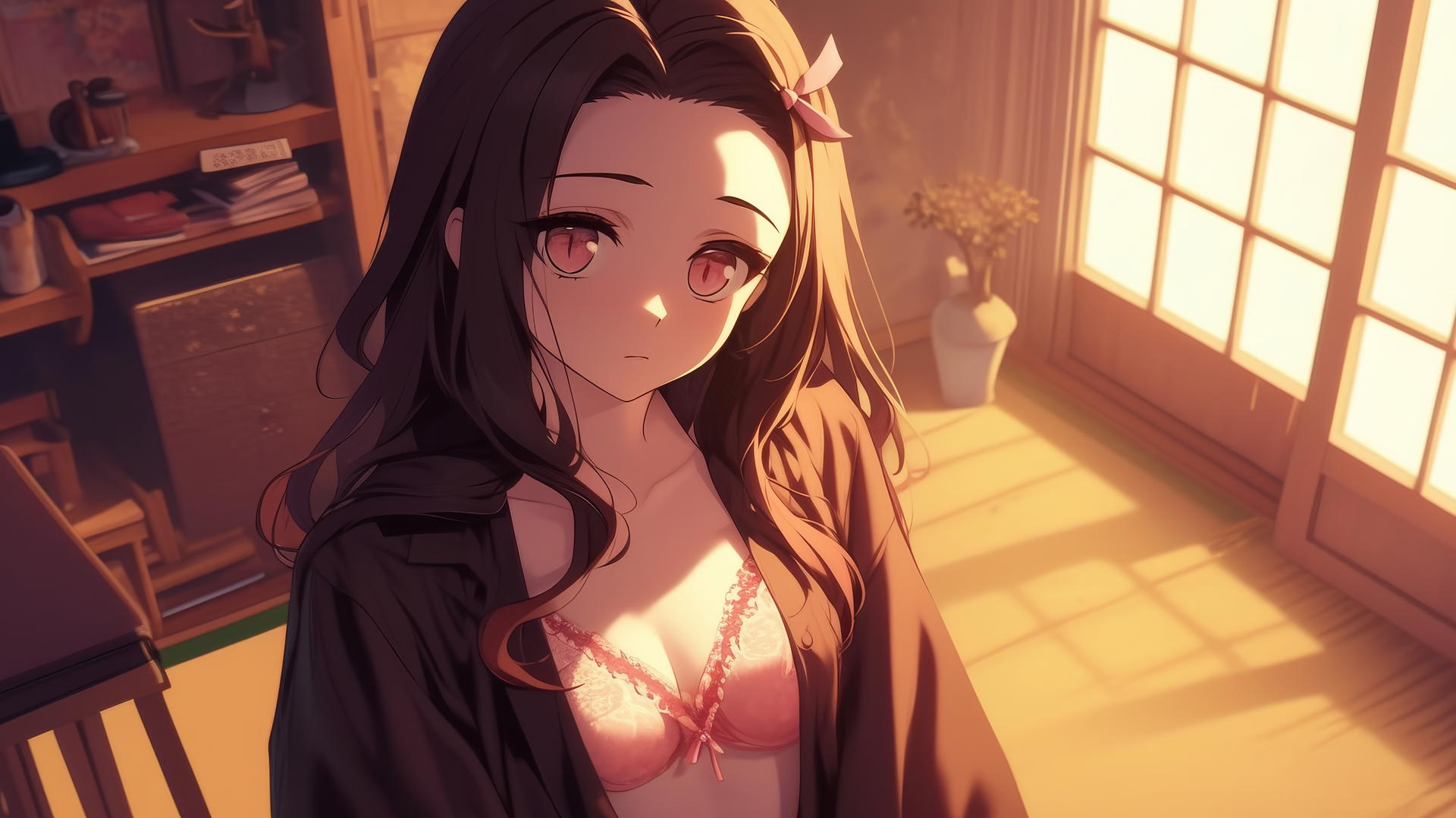 Nezuko from Demon Slayer in office shirt, standing at sunrise in modern apartment, demon slayer wallpaper