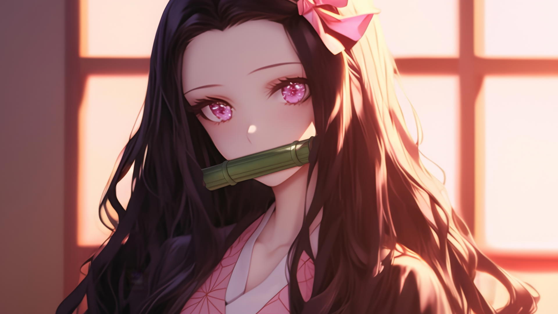 nezuko from Demon Slayer standing in a modern apartment at sunrise, soft glow