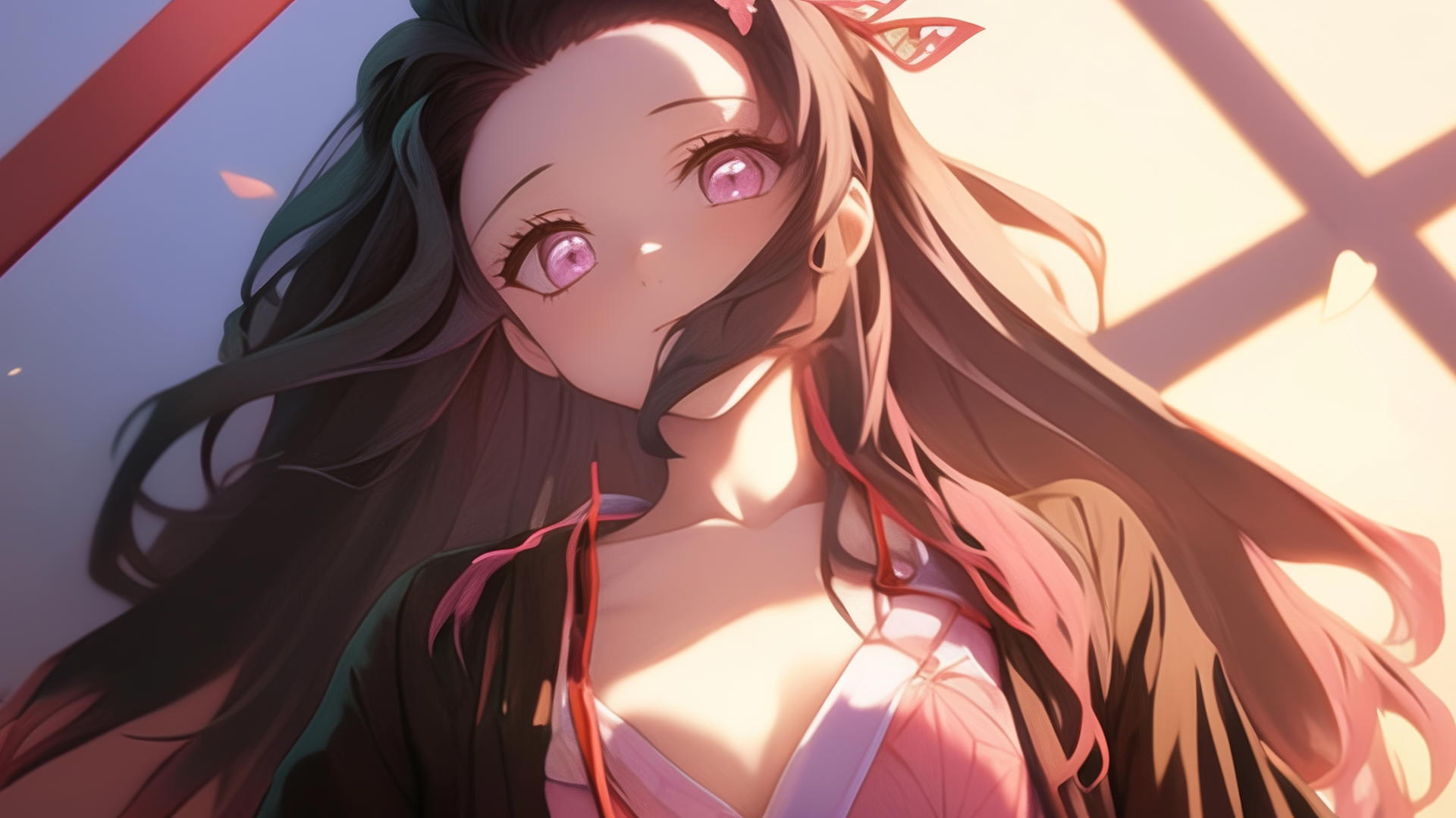 nezuko from Demon Slayer kneeling in modern hotel room, warm lighting