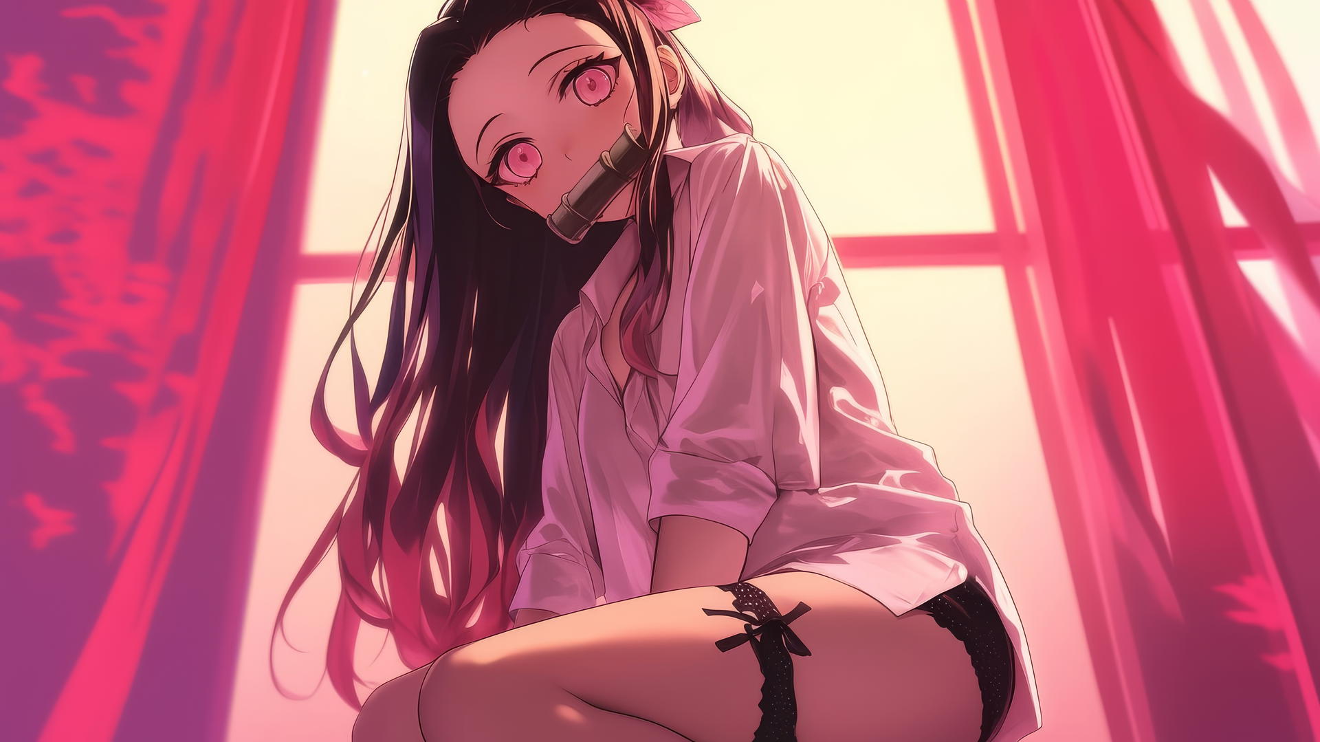 Nezuko from Demon Slayer in modern hotel room with warm light, demon slayer wallpaper