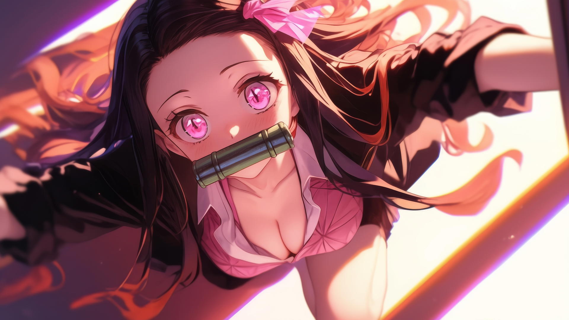demon slayer wallpaper of Nezuko kneeling in an office shirt, warm light glow