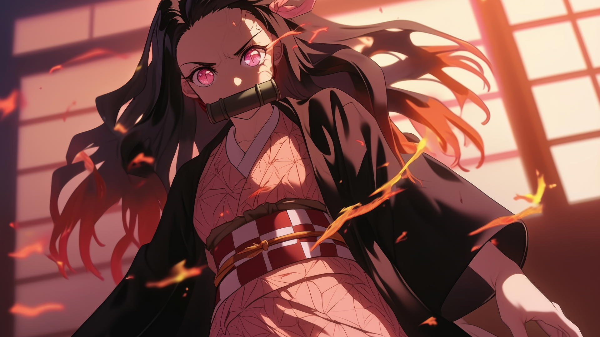 demon slayer wallpaper of Nezuko kneeling in office shirt