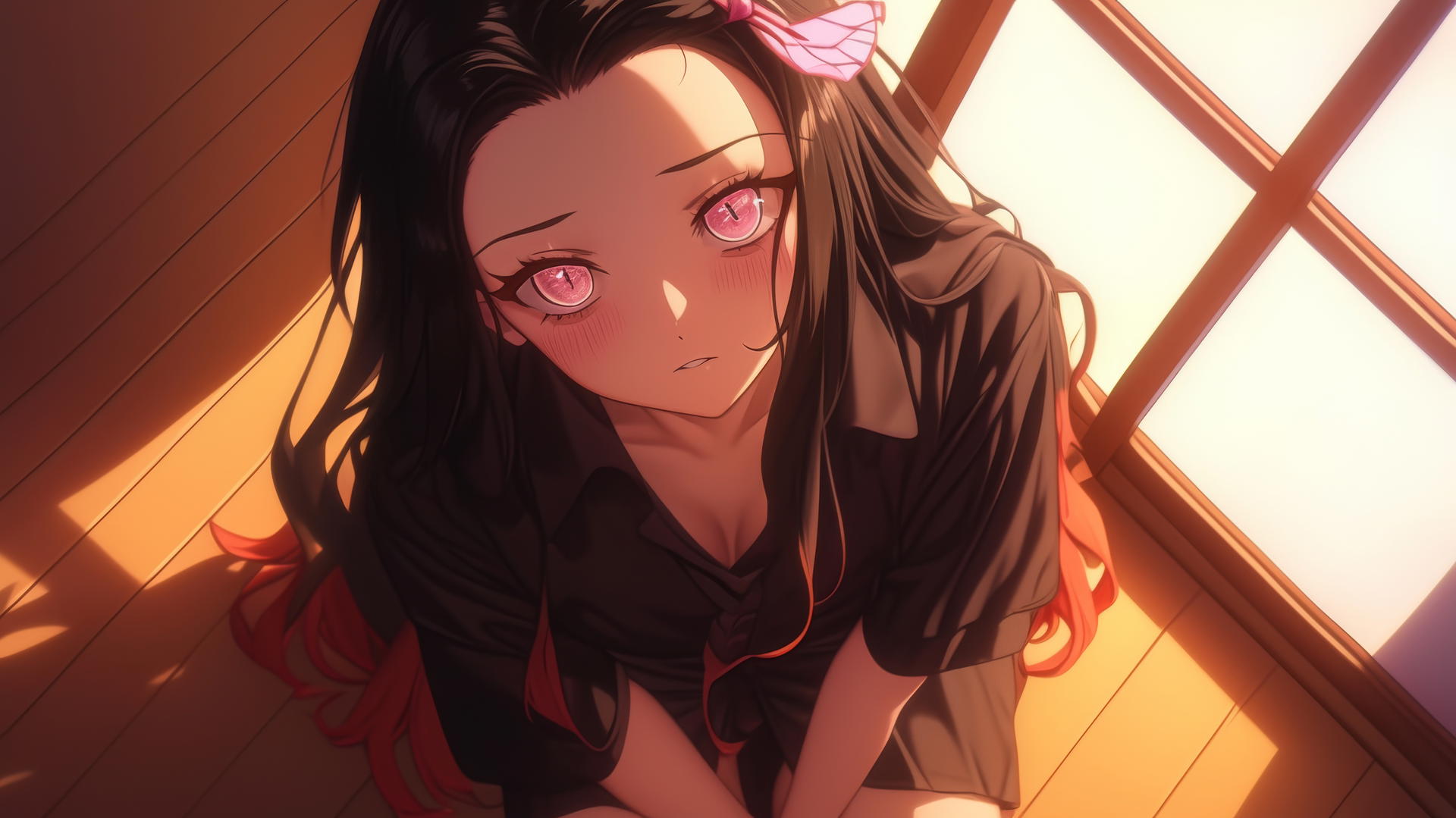 demon slayer wallpaper with Nezuko kneeling in a modern hotel room under warm light