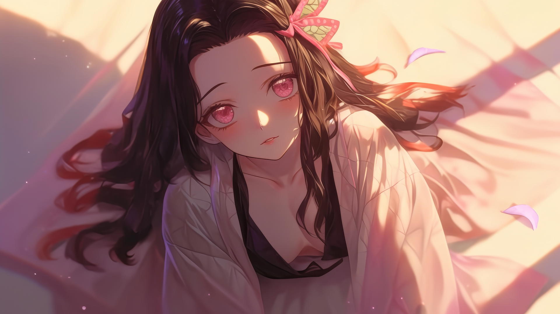 demon slayer wallpaper: Nezuko kneels in modern hotel room with soft warm light