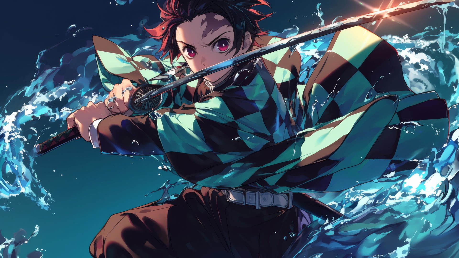 demon slayer tanjiro wallpaper 4k, a warrior with his sword drawn, surrounded by a torrent of water