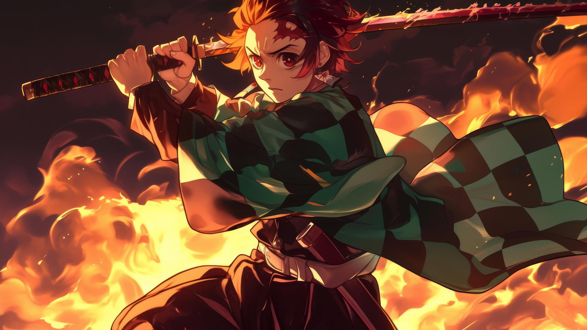 demon slayer tanjiro wallpaper 4k with Baroque-inspired battle scene