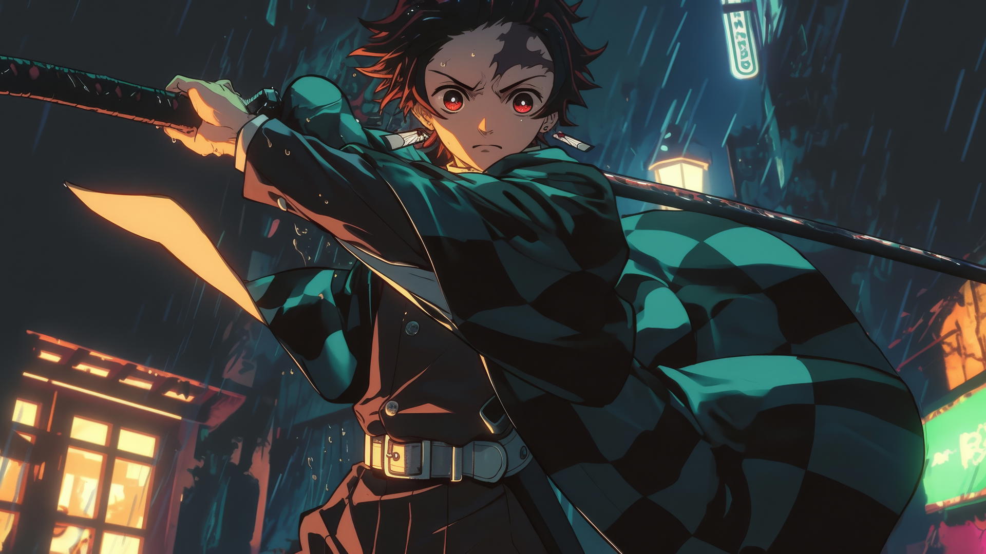 demon slayer tanjiro wallpaper 4k standing under a streetlamp in a dark, rainy city