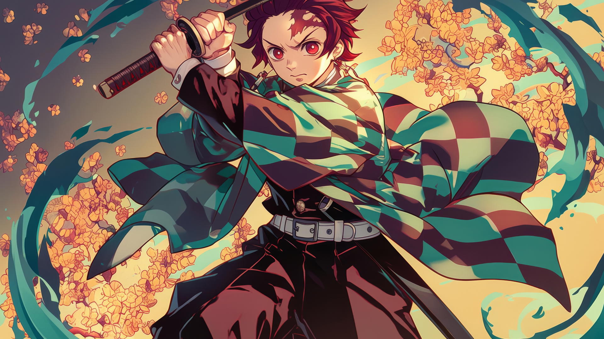 demon slayer tanjiro wallpaper 4k in Art Nouveau style with floral designs
