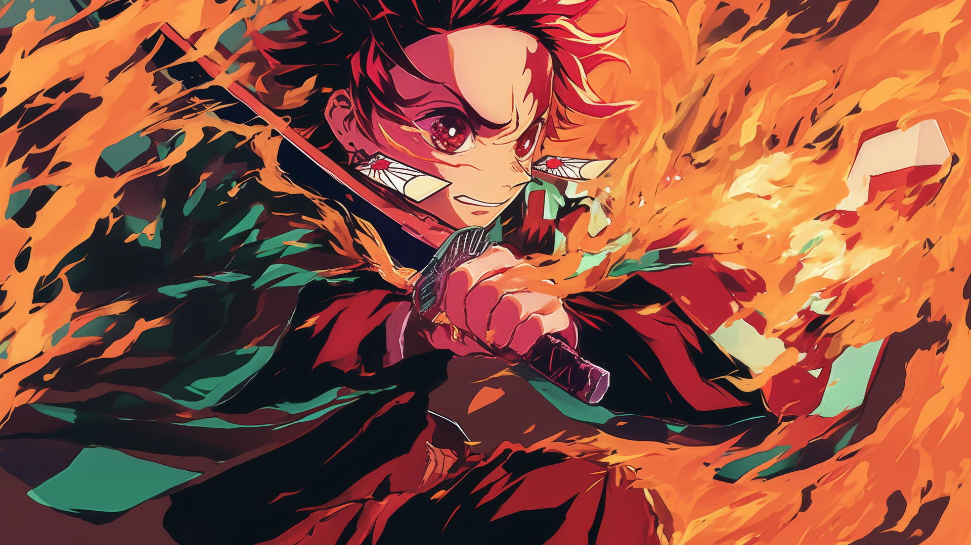 demon slayer tanjiro wallpaper 4k showing Tanjiro mid-battle amidst vivid flames