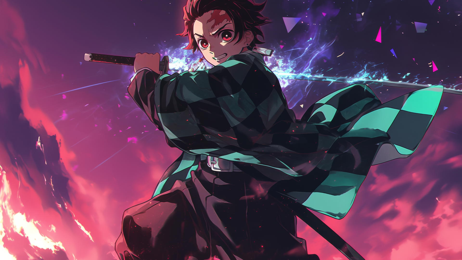 demon slayer tanjiro wallpaper 4k with neon sword, standing in space
