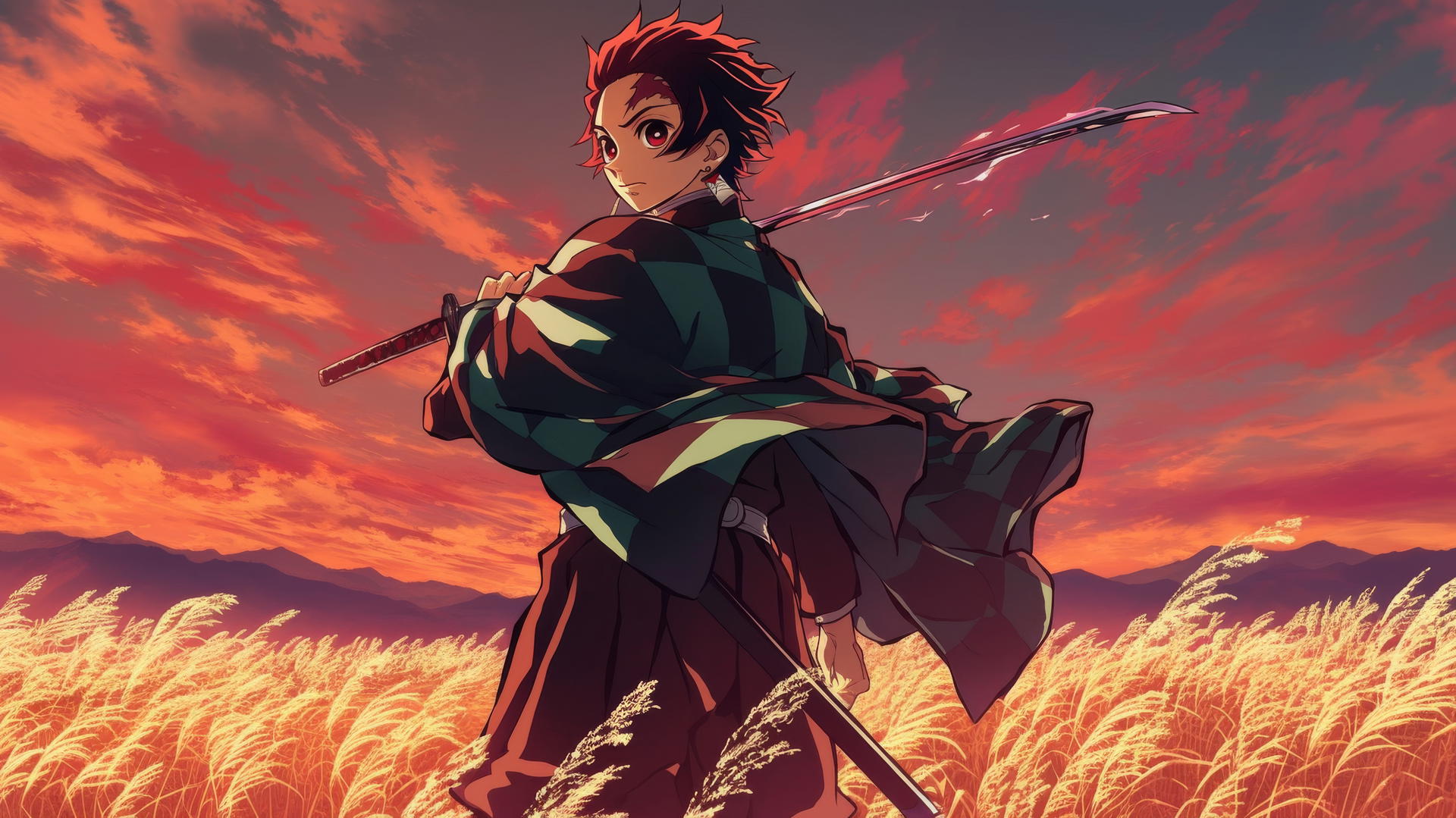 demon slayer tanjiro wallpaper 4k, Tanjiro walking in a golden field at sunset