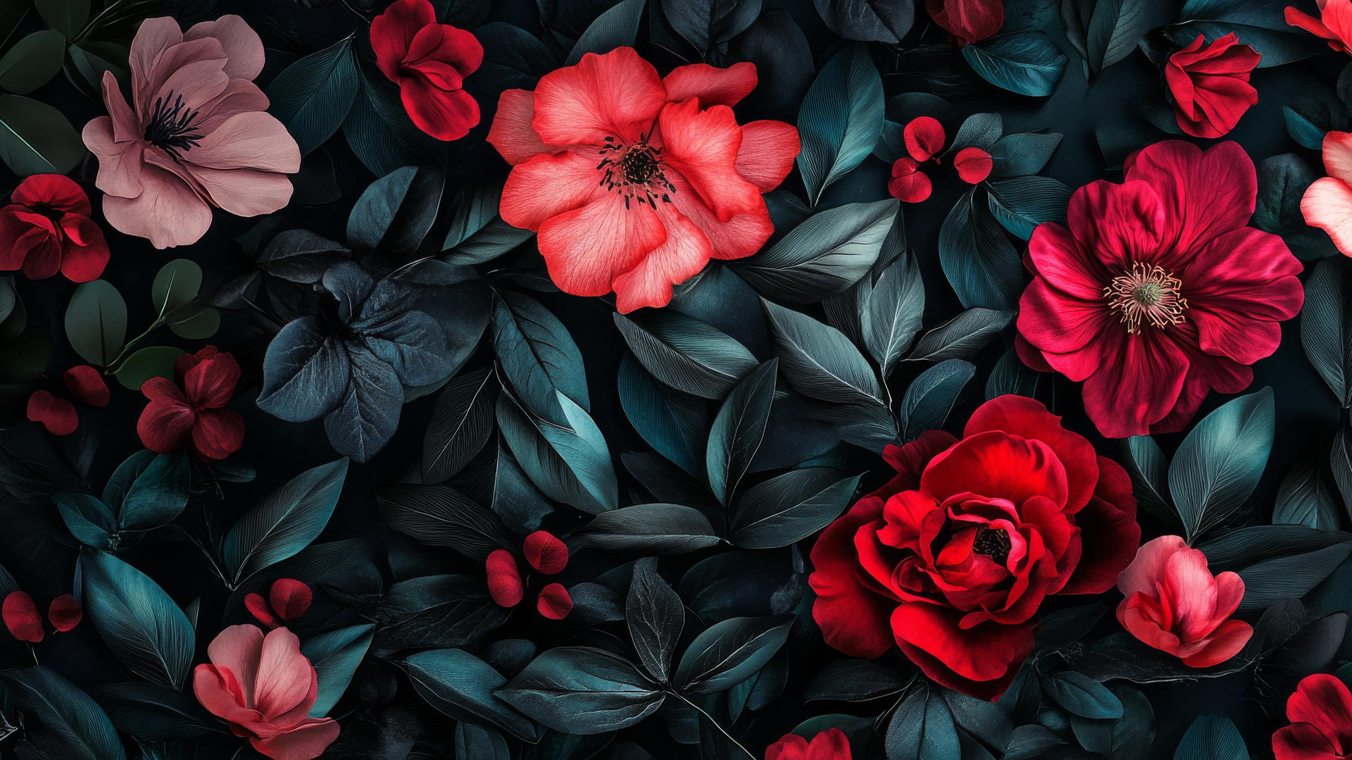 spring wallpaper with vibrant petals and greenery on a dark backdrop