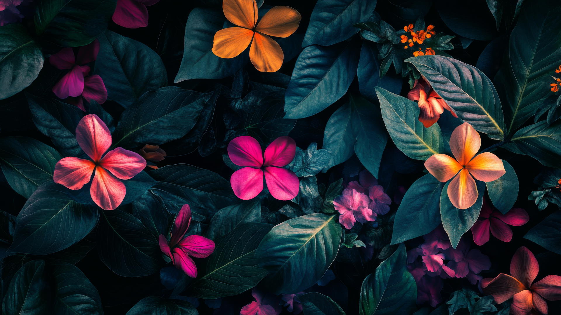 High-contrast spring floral wallpaper with vibrant petals and greenery