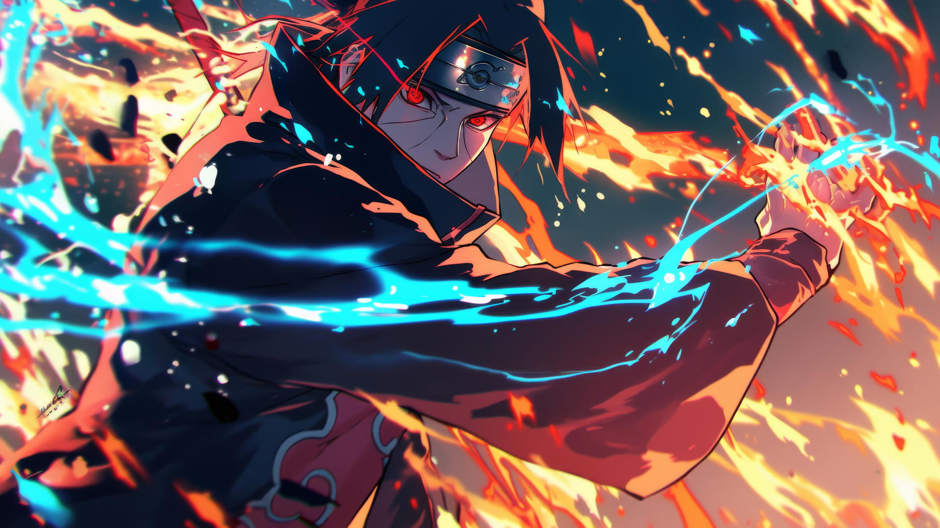 itachi uchiha drawing with flames and energy waves, sharp lines, vivid colors