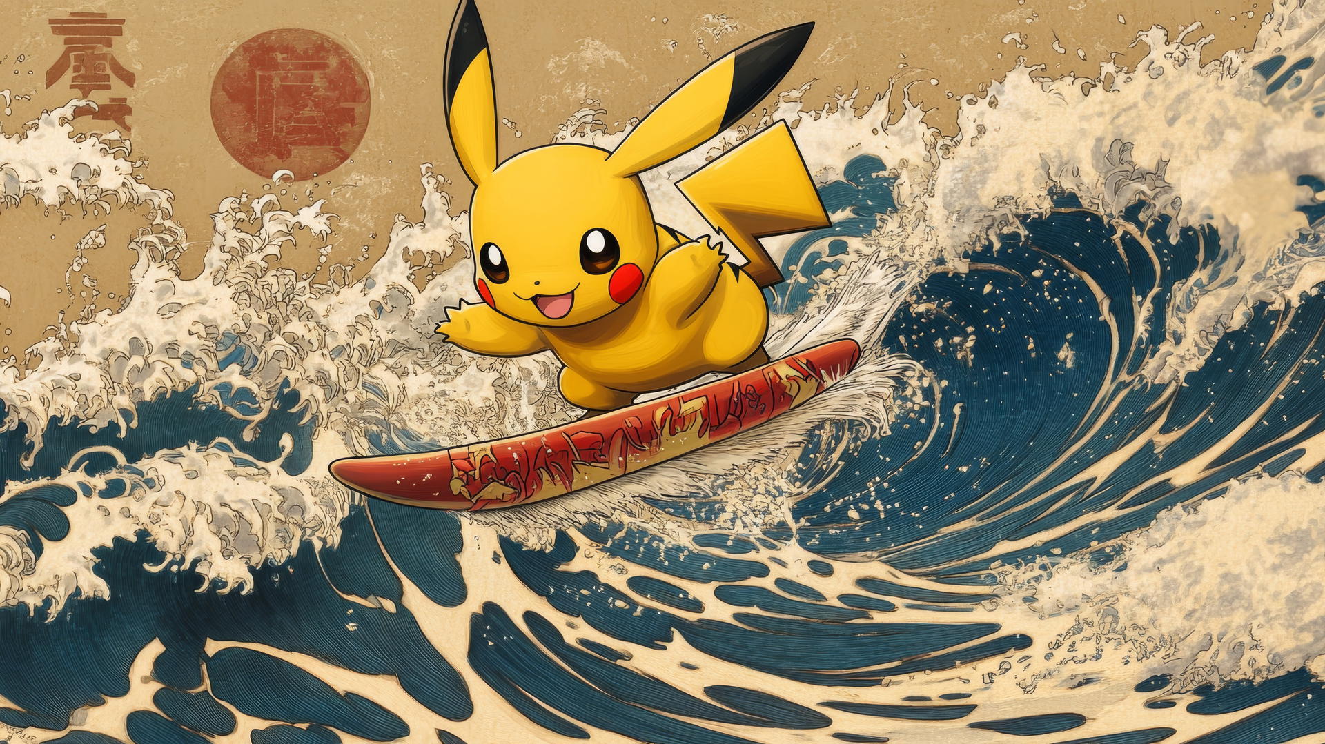 Pikachu surfing traditional Japanese ukiyo-e waves
