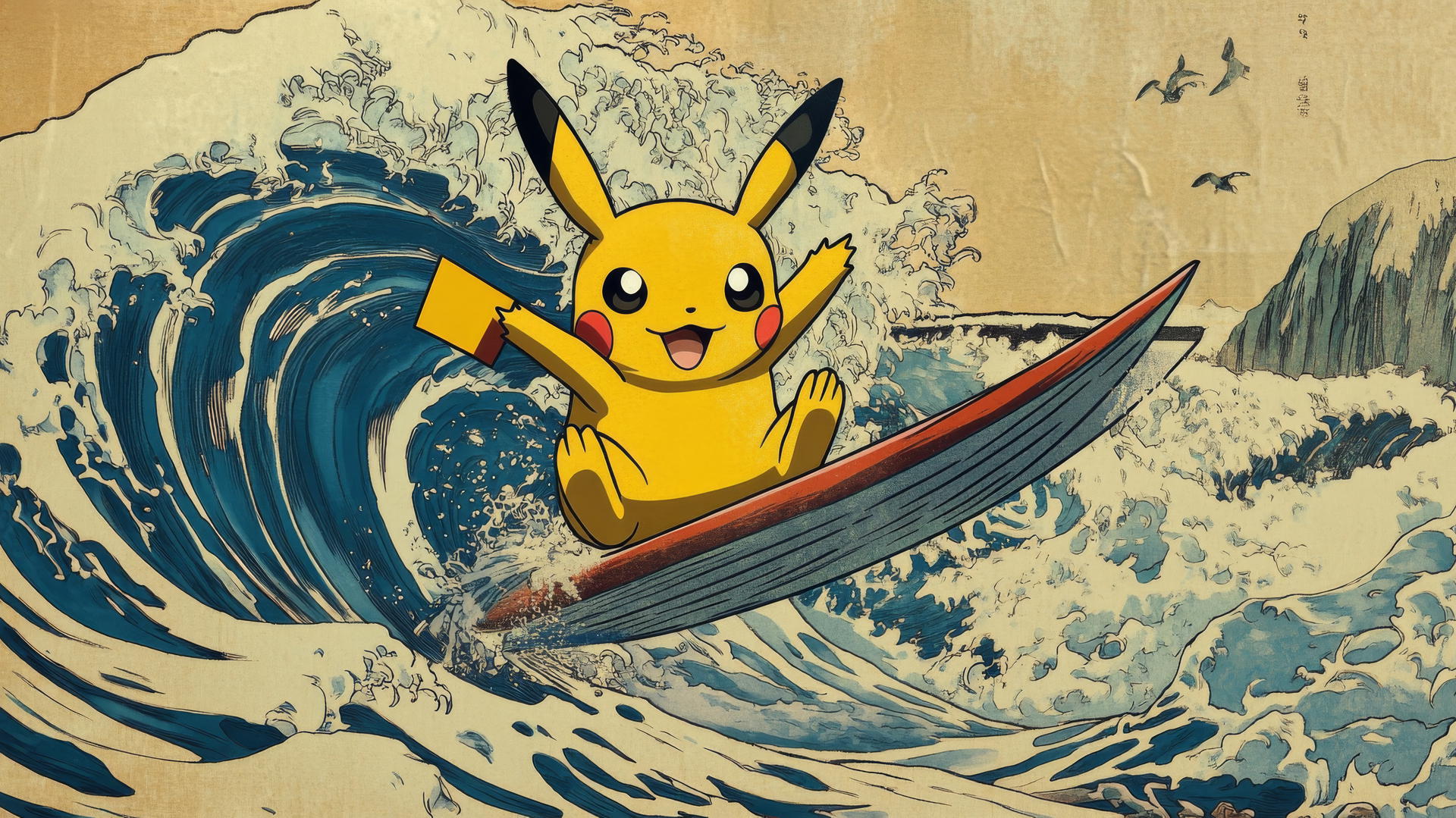 Pikachu surfing in ukiyo-e art style with stylized waves and bold lines