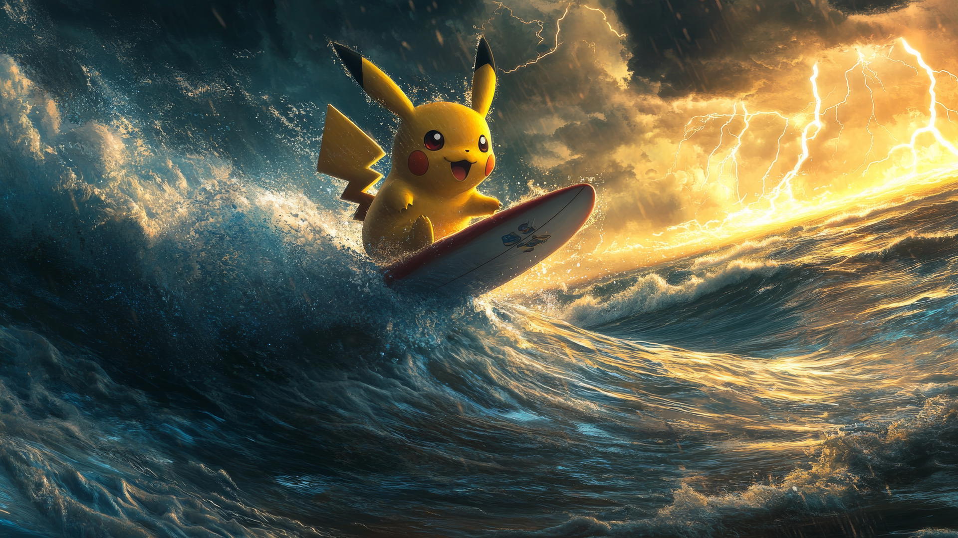 Surfing Pikachu rides lightning wave in storm