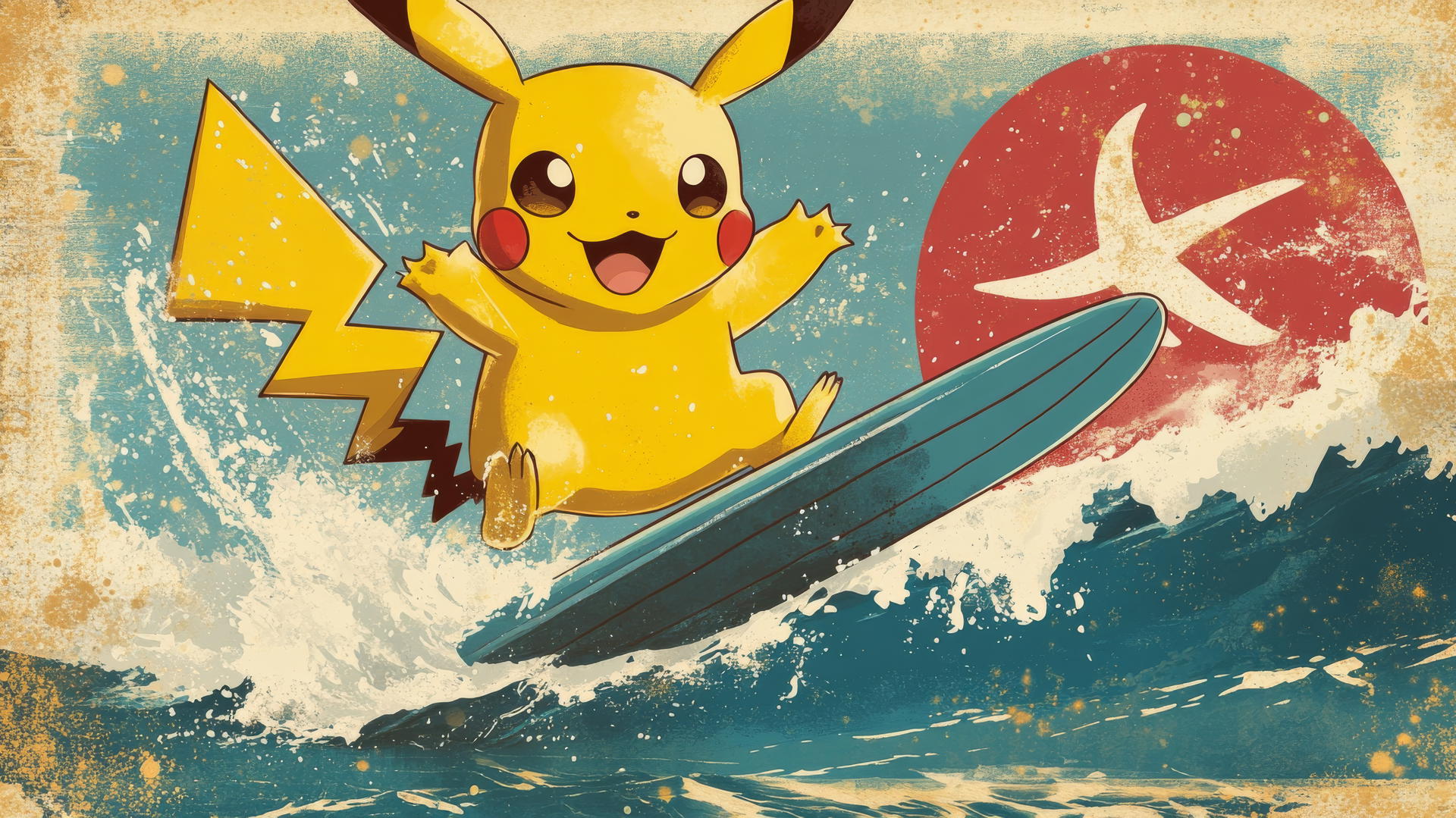 Pikachu surfing in a vintage travel poster style with bold retro typography
