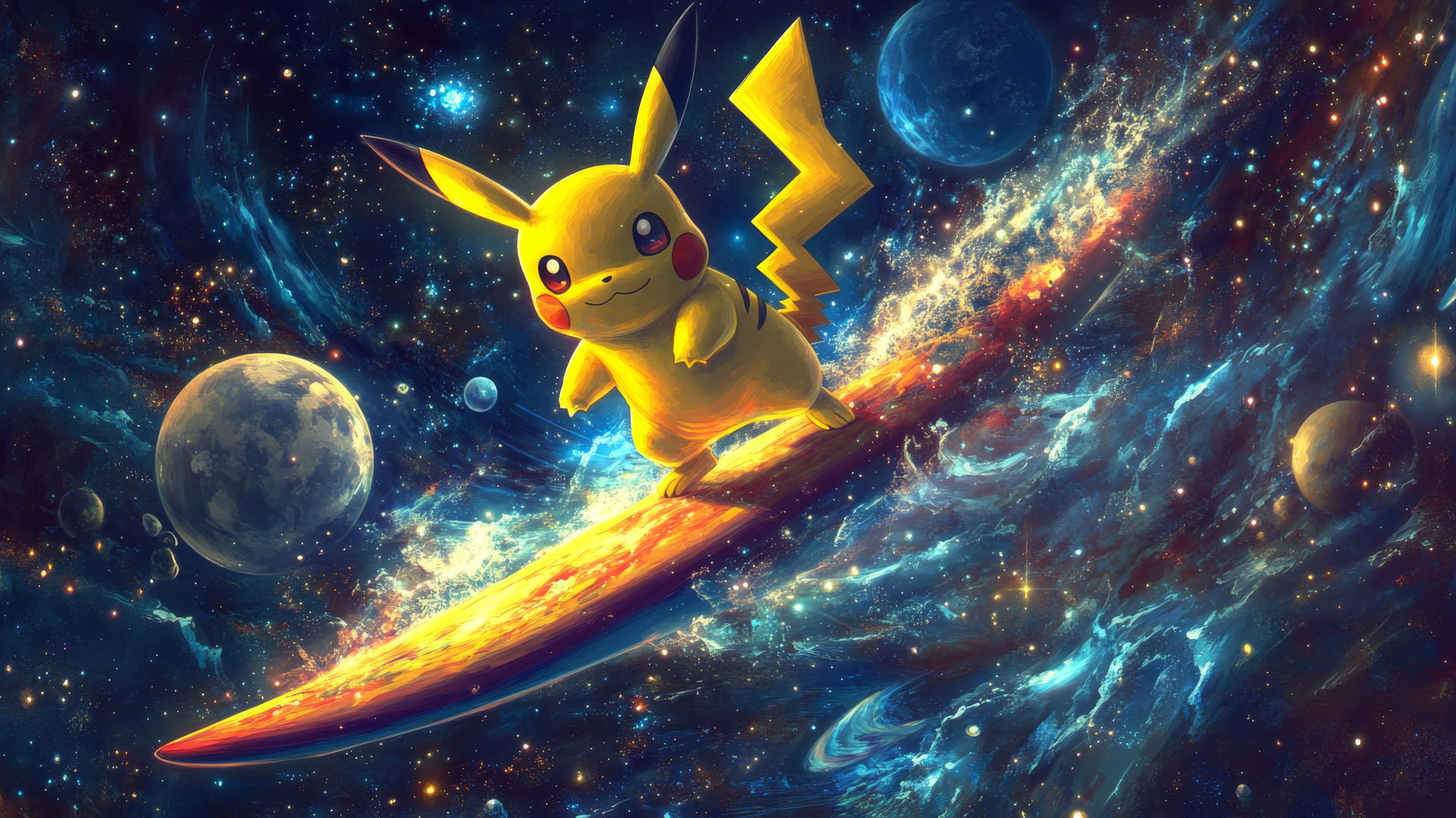Pikachu surfing on a glowing surfboard in outer space