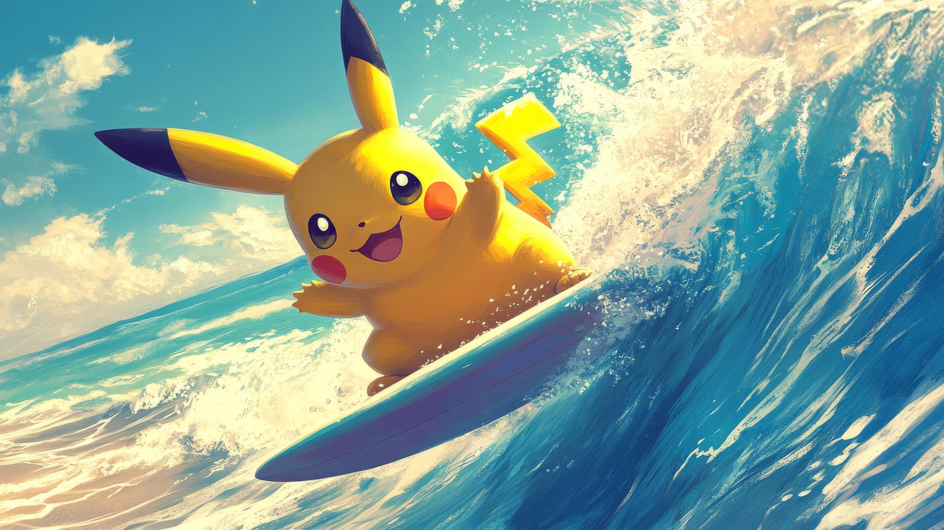 Surfing Pikachu with exaggerated proportions on a large surfboard