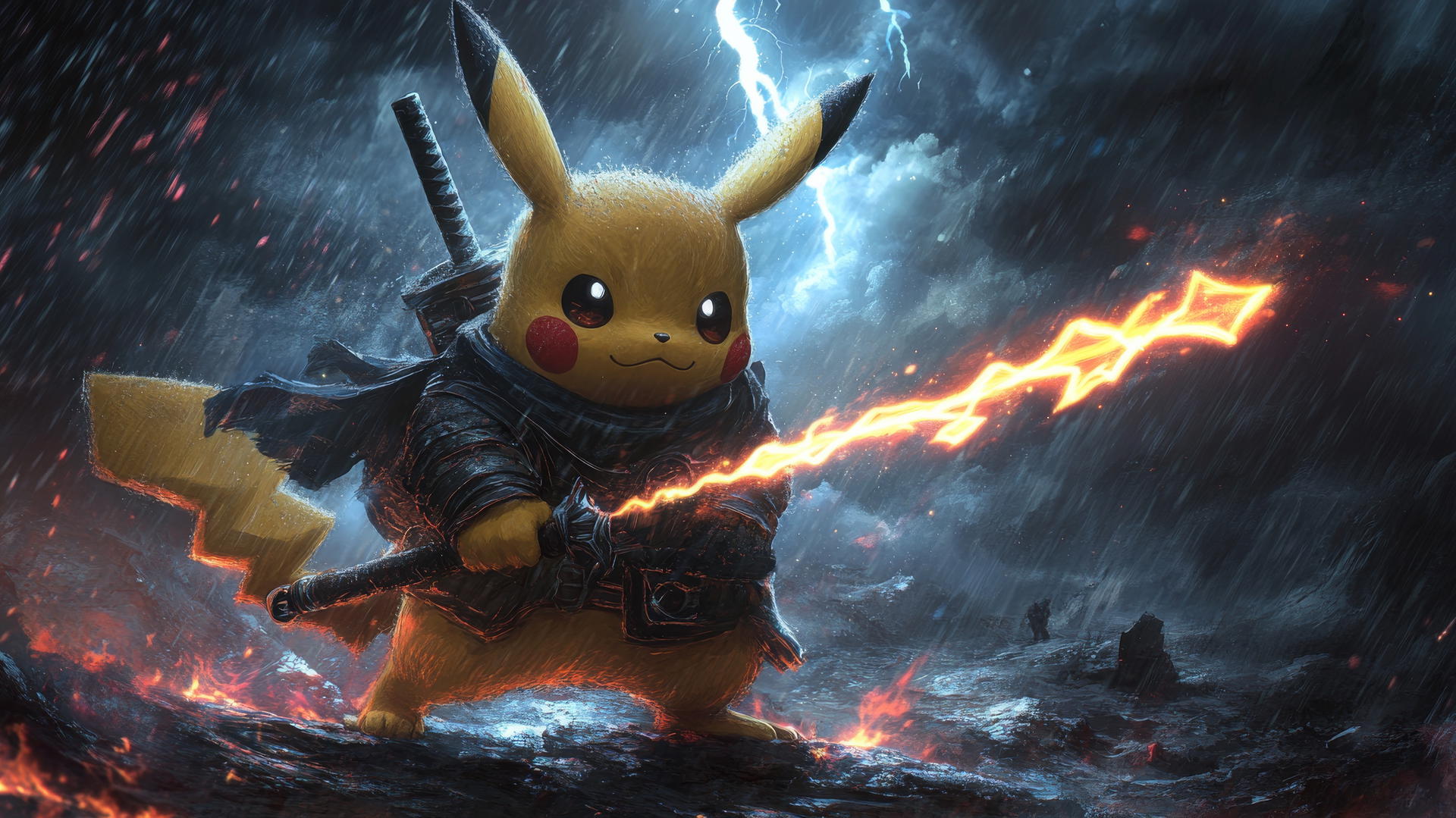Pikachu as a brave warrior with a lightning sword in a stormy sky