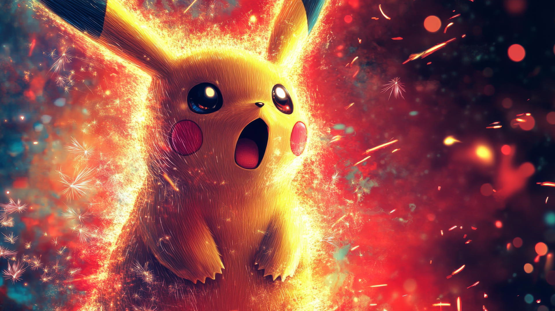 Surprised Pikachu with wide eyes amidst vibrant fireworks