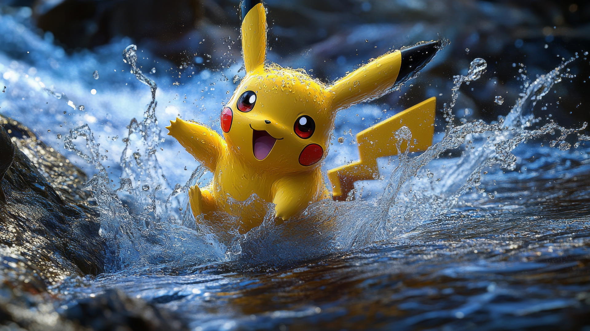 Pikachu leaping over a rushing river with water splashing