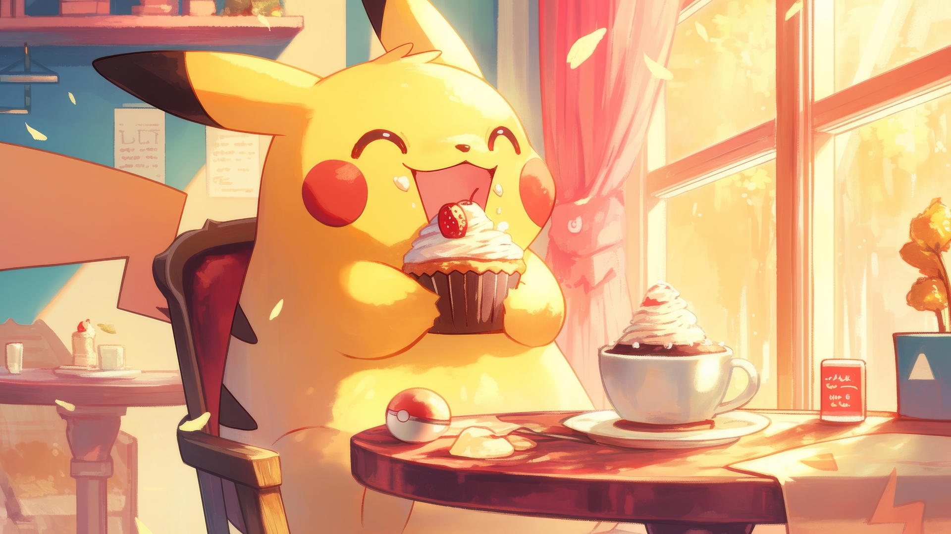 Fat Pikachu in a tiny chair eating a gigantic cupcake in a cozy café