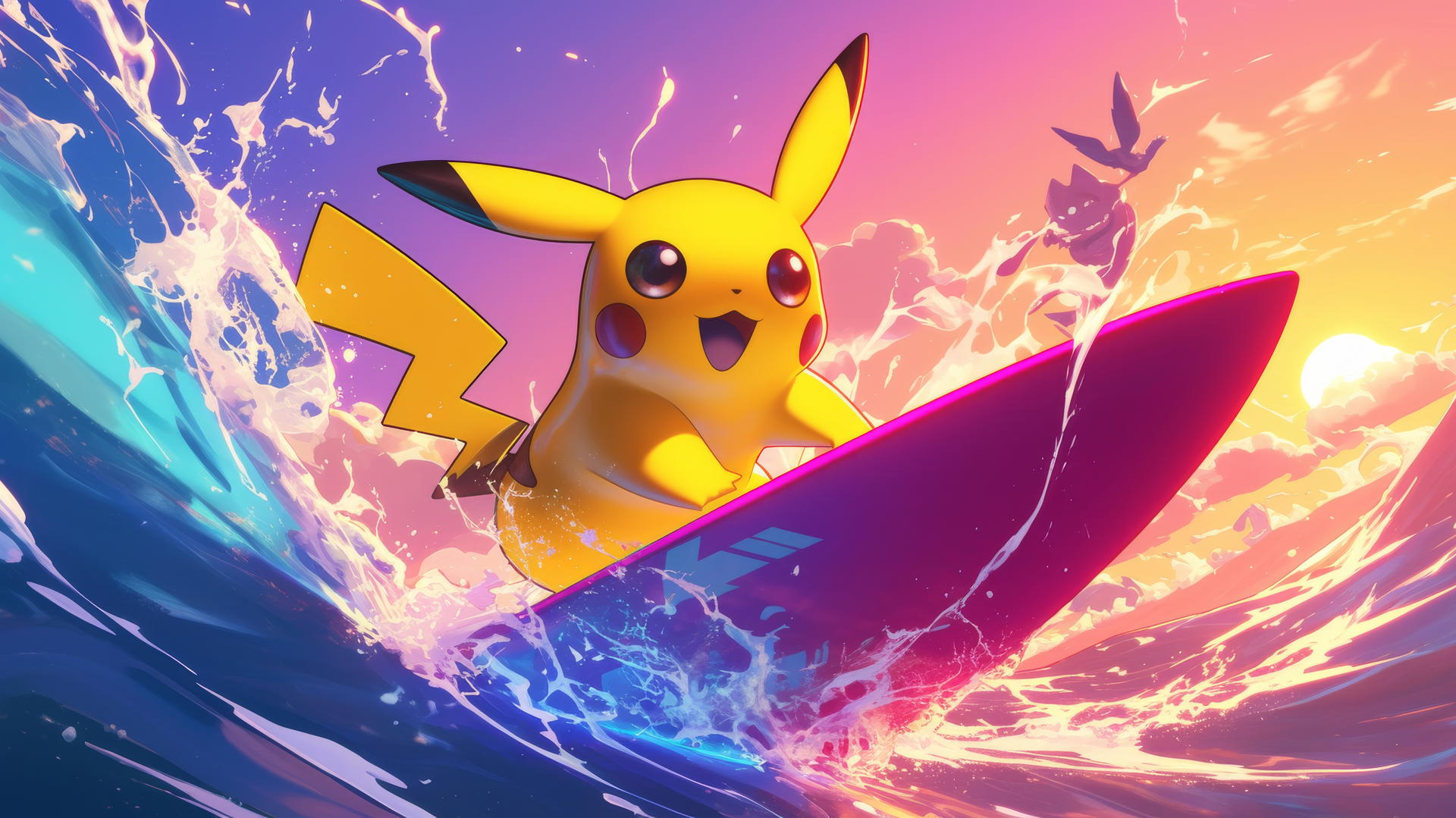 Pikachu surfing on a neon-colored surfboard riding electric waves under a glowing sunset.