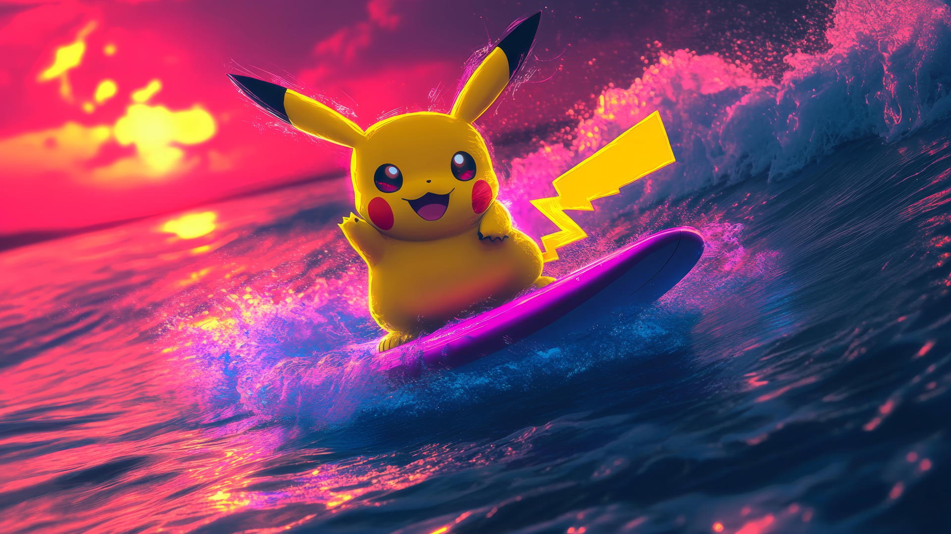 Pikachu surfing on neon surfboard riding electric waves at sunset