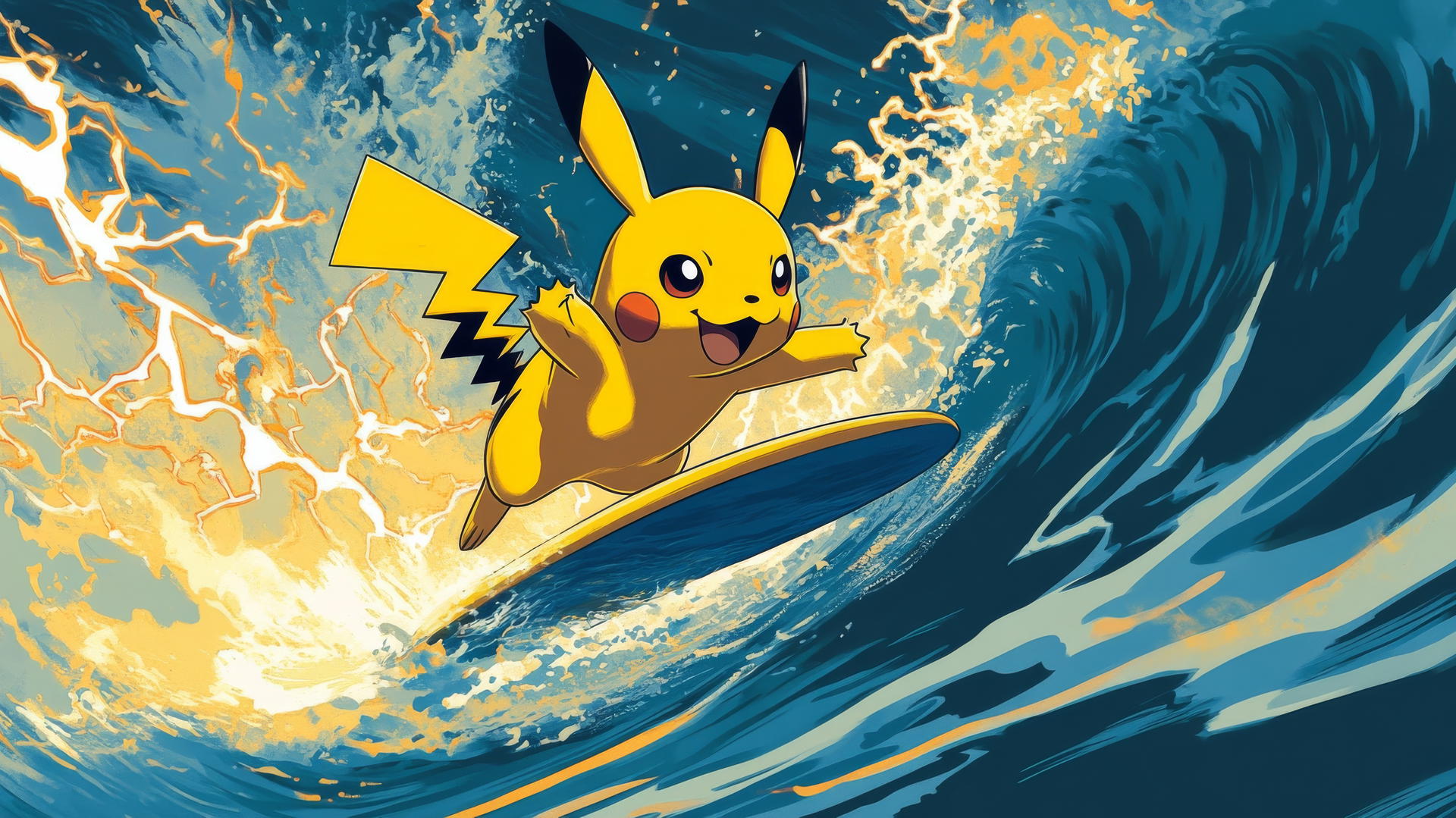 Surfing Pikachu riding an electric tidal wave, comic book style