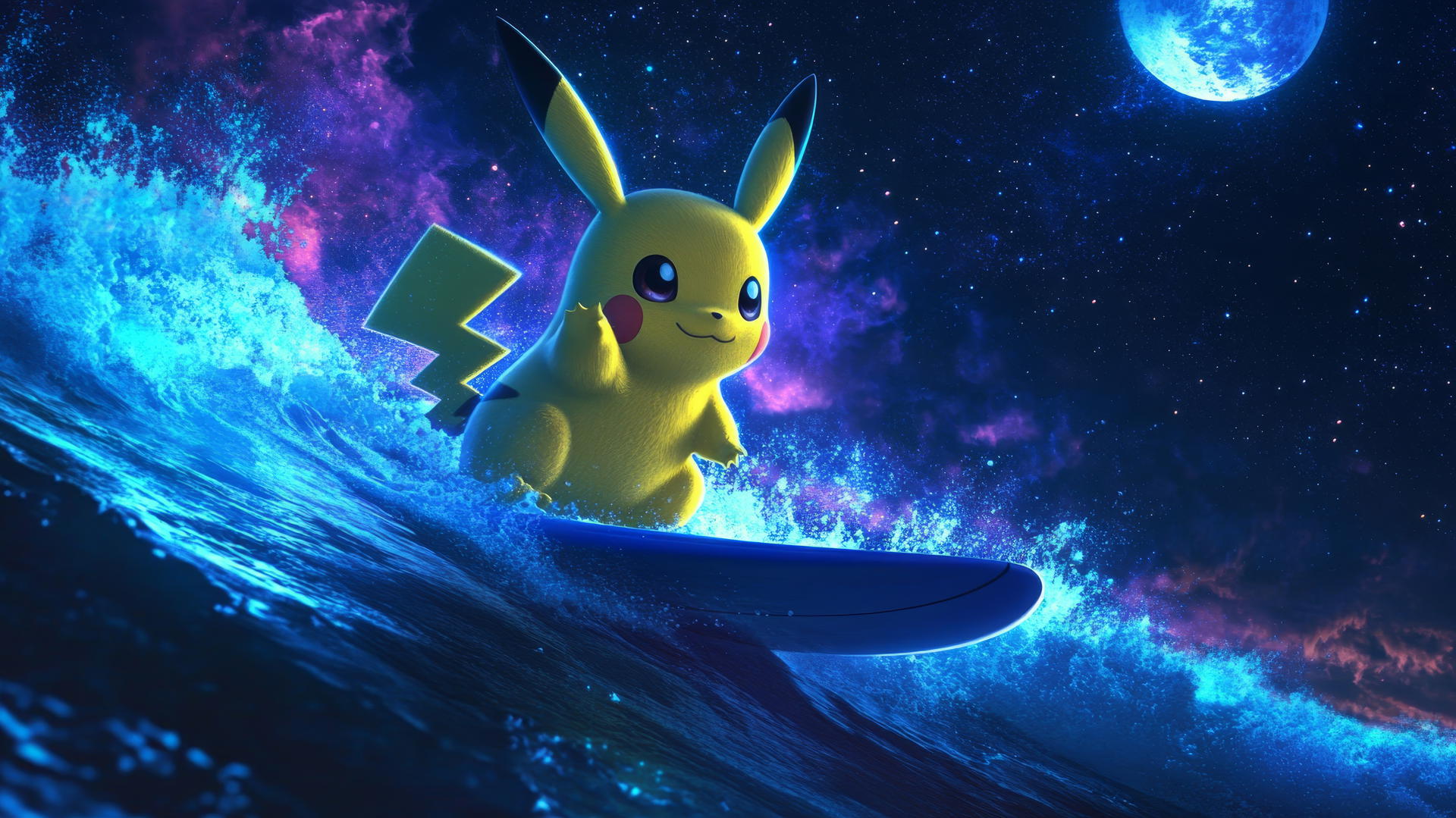 Pikachu surfing under a starry night sky with glowing waves