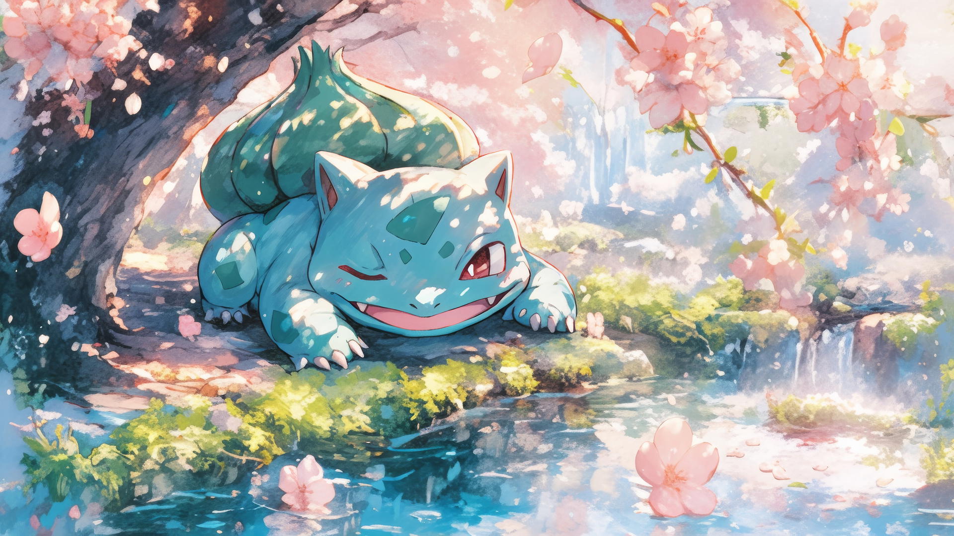 Pokemon Bulbasaur resting by a sparkling stream with cherry blossoms