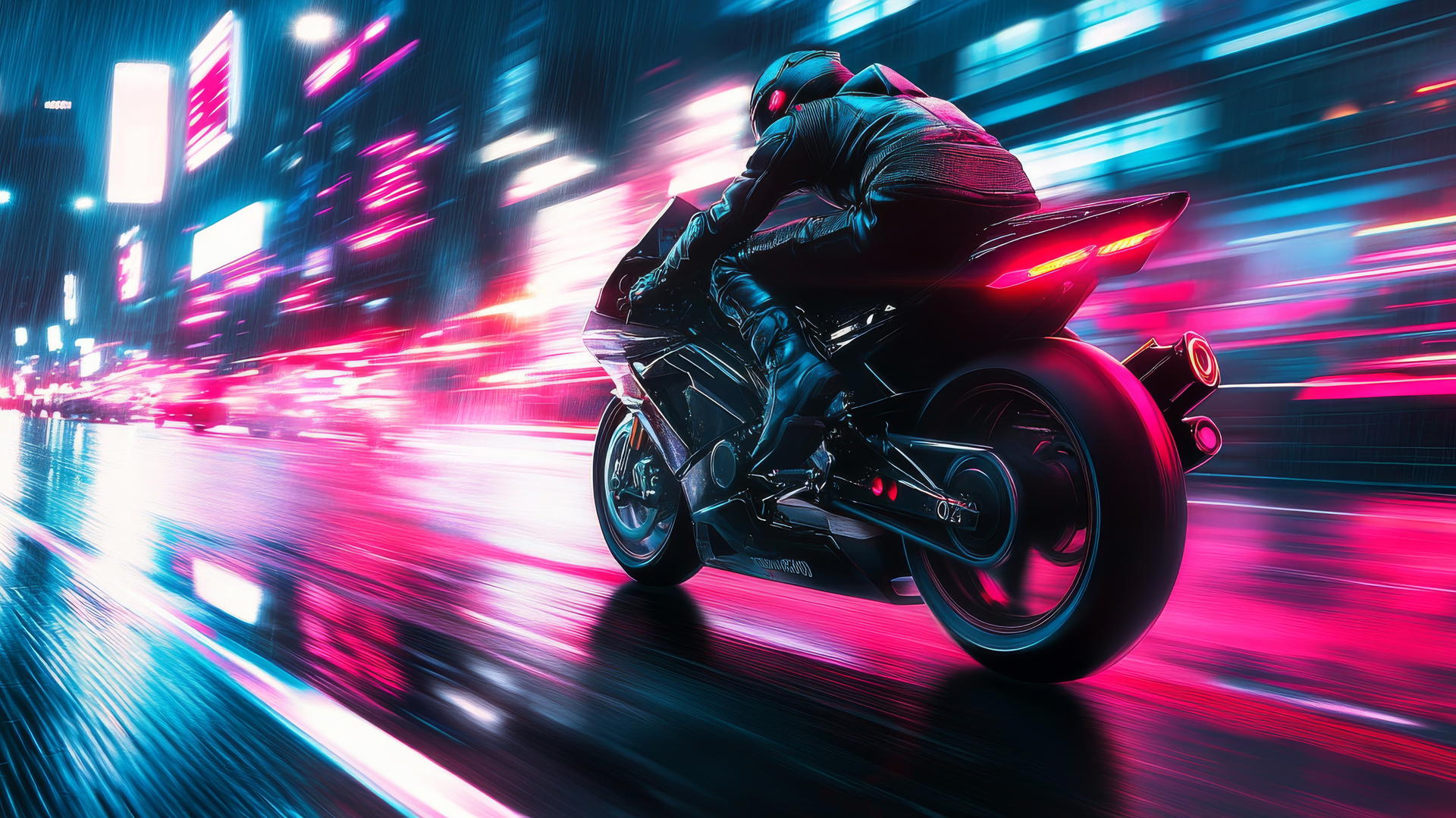 cool wallpapers for boys, nighttime motorcycle racing scene, neon-lit wet city streets