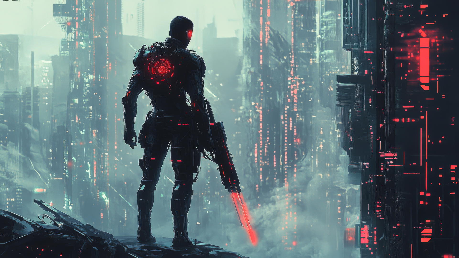 Cool wallpapers for boys: cybernetic warrior in post-apocalyptic city