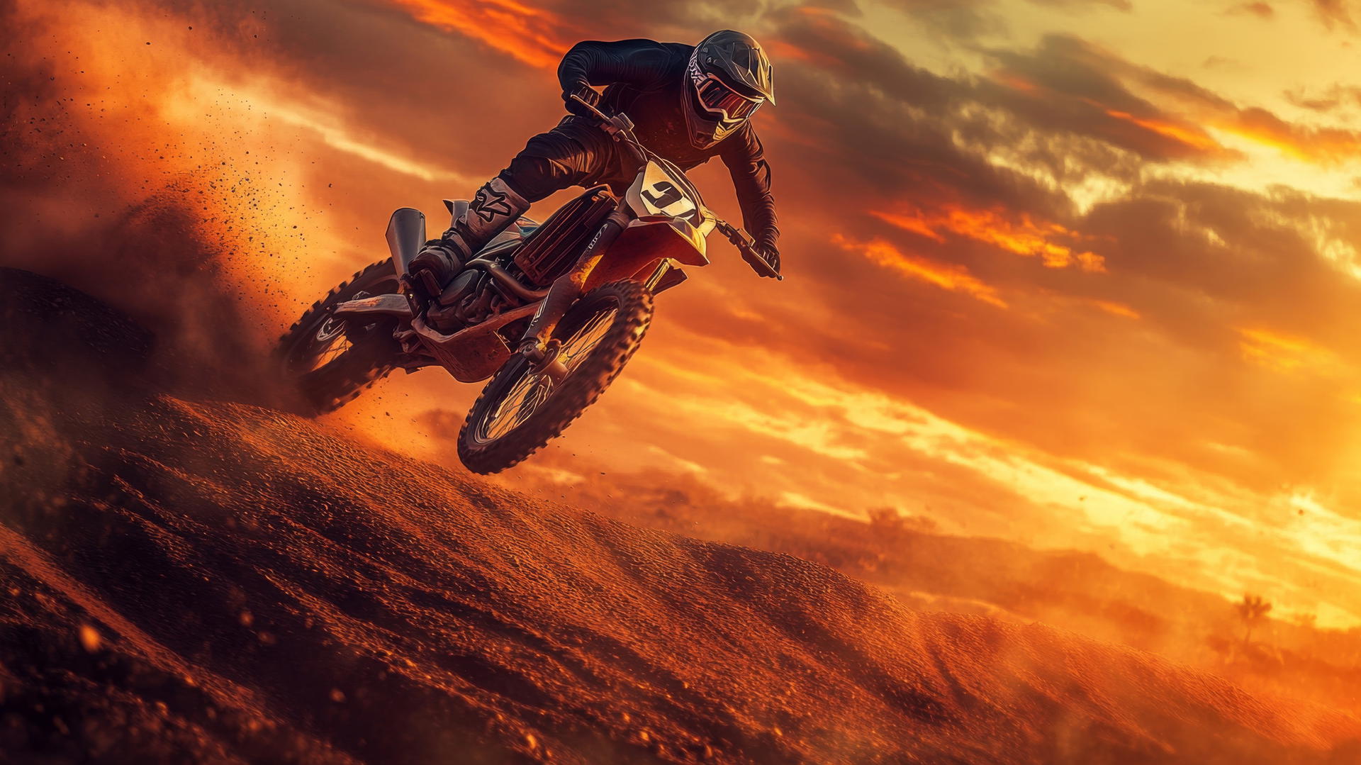 A motocross biker launching off a dirt ramp in the desert at sunset, cool wallpapers for boys
