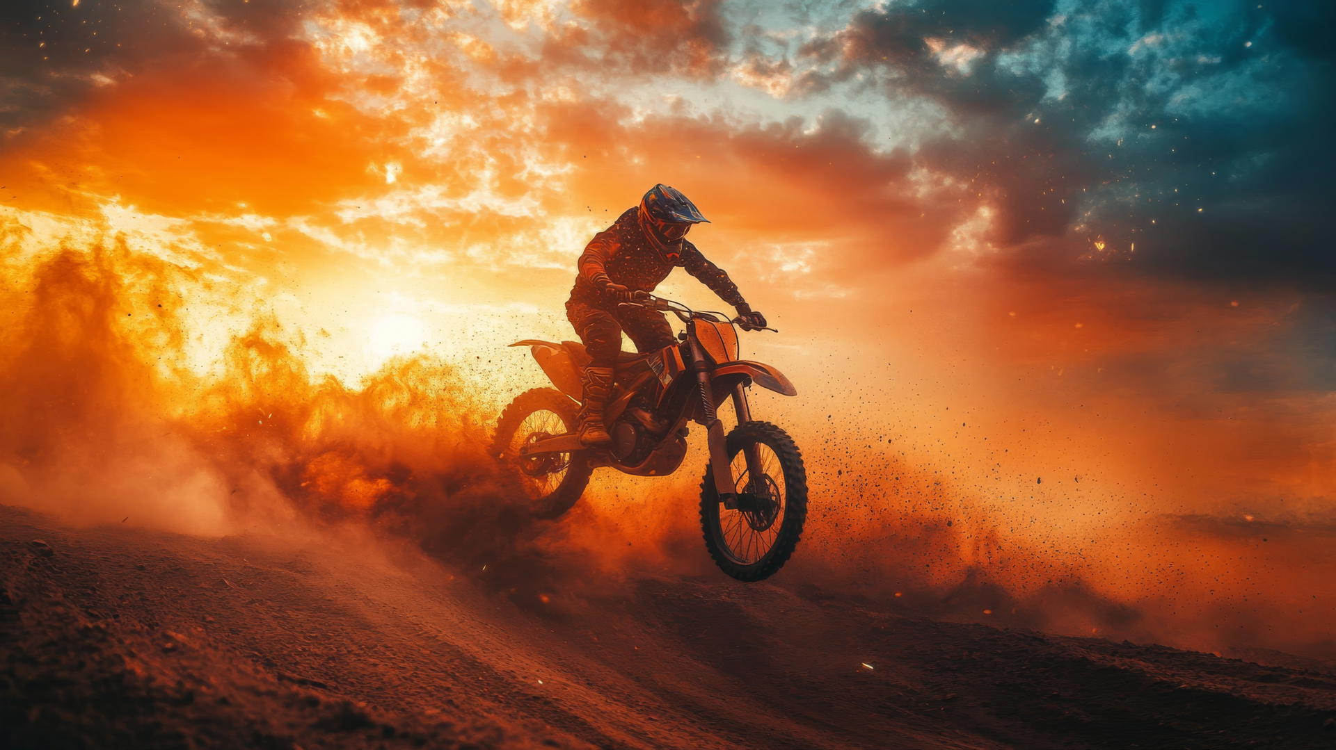 A motocross biker launching off a dirt ramp in the desert at sunset, cool wallpapers for boys