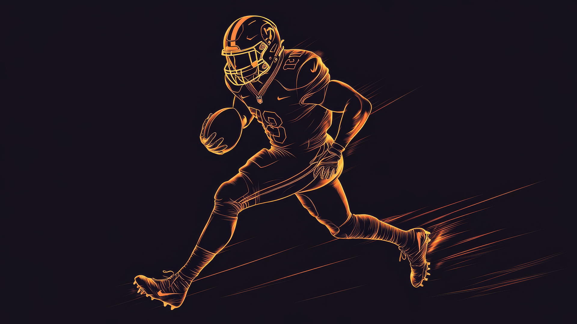 Minimalist running back sprinting with glowing outlines on a flat field.