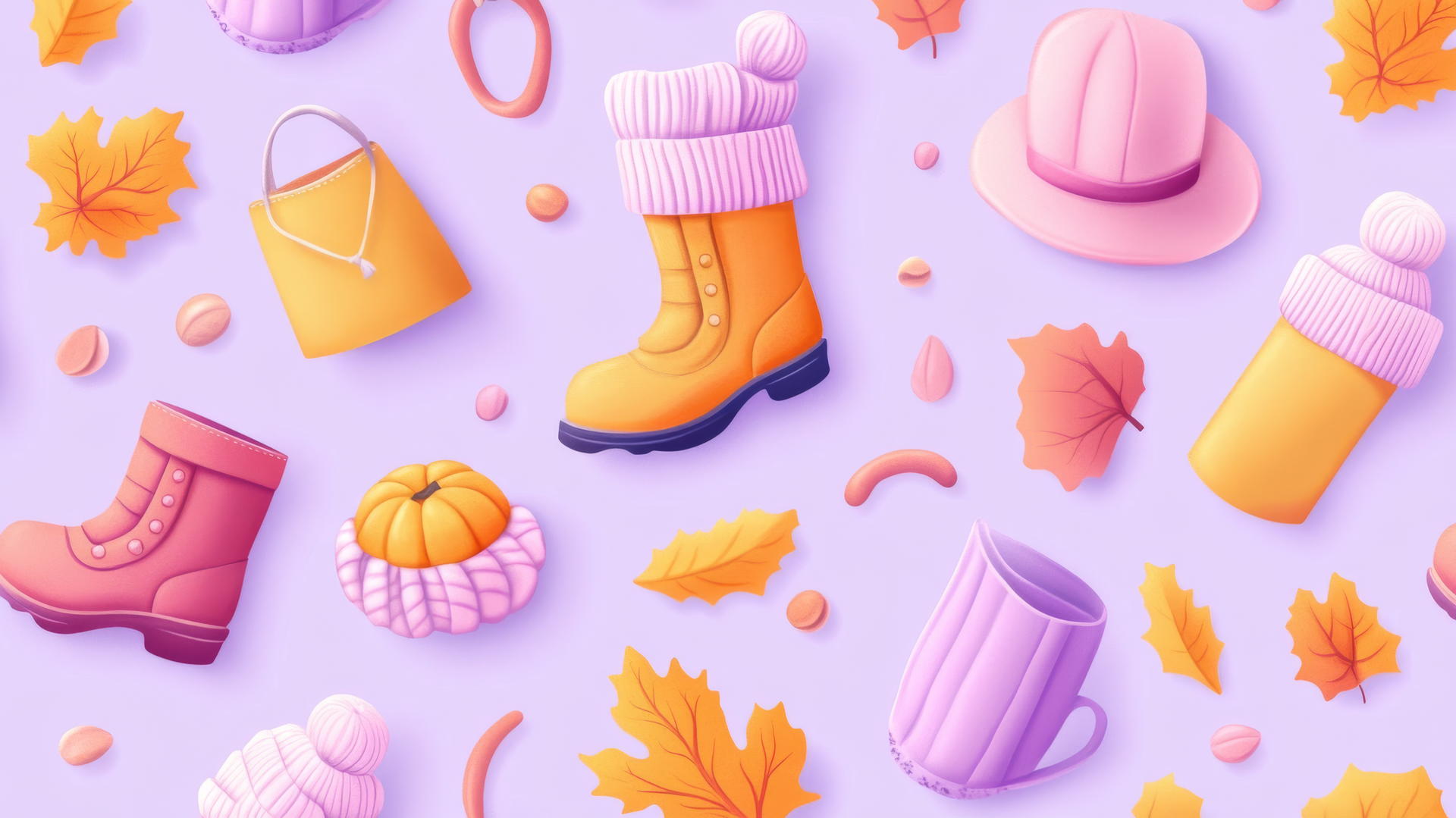 Fall accessories pattern on pastel purple